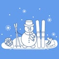 Snowman with ski and hockey equipment.