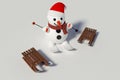 Snowman, skis and two wooden sleds with him