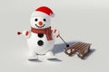 Snowman, skis and wooden sleds with him