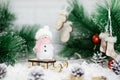 snowman on a sled Christmas decaration, the concept of Christmas and New Year Royalty Free Stock Photo