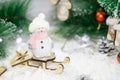 snowman on a sled Christmas decaration, the concept of Christmas and New Year Royalty Free Stock Photo