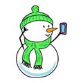 Snowman with a smartphone. Congratulations online. Christmas.