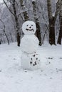 Snowman with smile in winter forest. Christmas fun. New Year celebration. Frost and snow background. Winter outdoor decoration. Royalty Free Stock Photo