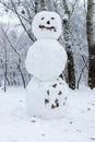 Snowman with smile in winter forest. Christmas fun. New Year celebration. Frost and snow background. Winter outdoor decoration. Royalty Free Stock Photo