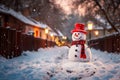 The snowman is smiling, wearing a hat and scarf. Winter New Year and Christmas scene Royalty Free Stock Photo