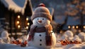 Snowman smiling, winter celebration, outdoors, tree glowing with Christmas lights generated by AI Royalty Free Stock Photo