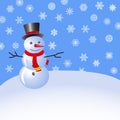 Snowman in the snow against the blue sky with snowflakes. Vector