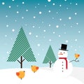 Snowman, snow, conifer trees and orange birds