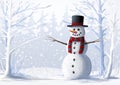 Snowman in a snow-covered forest. Winter illustration. Christmas and winter holidays.