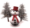 snowman and snow-covered trees - 3D Royalty Free Stock Photo