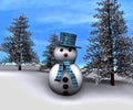 Snowman and snow-covered trees - 3D Royalty Free Stock Photo