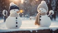 snowman in snow A cozy Christmas with two cheerful snowmen The snowmen are friendly