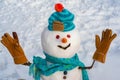 Snowman in snow forest. Merry Christmas and Happy Holidays. Funny snowman close up portrait. Making snowman and winter