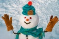 Snowman in snow forest. Merry Christmas and Happy Holidays. Funny snowman close up portrait. Making snowman and winter