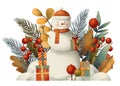 Snowman with snow, gifts, leaves, berries, pine, fir.