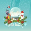 Snowman and snow globe, gifts on sleigh, ski poles