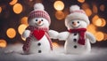 snowman on the snow A lovely Christmas with two cheerful snowmen greeting card. The snowmen are in love and holding hands