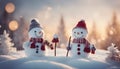 snowman in the snow Merry christmas and happy new year greeting card . Two cheerful snowmen standing in winter christmas Royalty Free Stock Photo