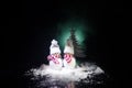 Snowman and Snow Woman with Heart on snow in dark background. New Year and Christmas conceptual image with fir tree. Sweet Snowman Royalty Free Stock Photo