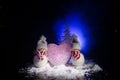 Snowman and Snow Woman with Heart on snow in dark background. New Year and Christmas conceptual image with fir tree. Sweet Snowman Royalty Free Stock Photo