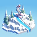 Voxel Art Skiing Character In A Snowy Island