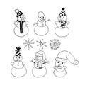 snowman and snowflackes set hand drawn doodle. , scandinavian, nordic, minimalism, monochrome. icon, sticker, decor Royalty Free Stock Photo