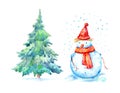 Snowman,snowflake and spruce tree.Winter and Christmas pattern.