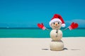 Snowman. Snowman with red Santa Claus hat and mittens. Merry Christmas and Happy New Year. Sandy Snowman on the beach. Royalty Free Stock Photo