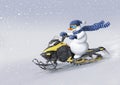 Snowman on a snowmobile rides quickly through the snowstorm. Winter christmas illustration.