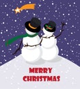 Snowman with snowwoman watching the star in the snowing night, vector illustration