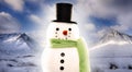 Snowman on snowy mountain background Royalty Free Stock Photo