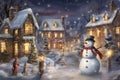 Snowman in a snowy village. Winter scene. Christmas background, A snowy village with twinkling fairy lights and snowmen wearing Royalty Free Stock Photo