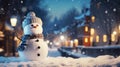 snowman in snowy winter night with beautiful blue sky background for festive holiday decoration Royalty Free Stock Photo