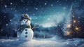 snowman in snowy winter night with beautiful blue sky background for festive holiday decoration Royalty Free Stock Photo