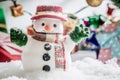 Snowman stand among pile of snow at silent night with a light bulb, light up the hopefulness and happiness in Merry christmas and Royalty Free Stock Photo