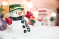 Snowman stand among pile of snow at silent night with a light bulb,Merry christmas and new year night. Royalty Free Stock Photo