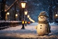 Snowman standing alone on the street at night. Christmas and New Year concept. Generative AI.