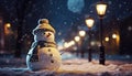 Snowman standing alone on the street at night. Christmas and New Year concept. Generative AI