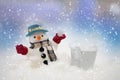 Snowman is standing in snowfall, Merry Christmas and happy New Y Royalty Free Stock Photo