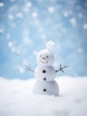 A snowman stands against a blue background