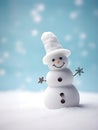 A snowman stands against a blue background