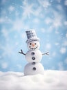 A snowman stands against a blue background