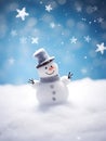 A snowman stands against a blue background