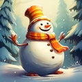 a snowman stands with his arms outstretched out in the wind