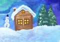 A snowman stands near a hut on a winter evening. Children`s drawing