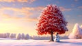 Snowman stands near a unique red tree, snowy landscape, fluffy white trees, beautiful pinkish sky, sunset Royalty Free Stock Photo