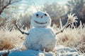 A snowman stands tall in the middle of a snow-covered field, surrounded by a wintry landscape, An alien snowman with six arms, AI Royalty Free Stock Photo