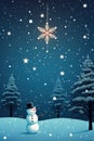 A snowman and star in the night sky with trees, AI Royalty Free Stock Photo