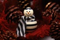 snowman with a striped scarf and pine cone buttons