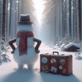 A snowman with a suitcase on a forest trail in winter. Royalty Free Stock Photo